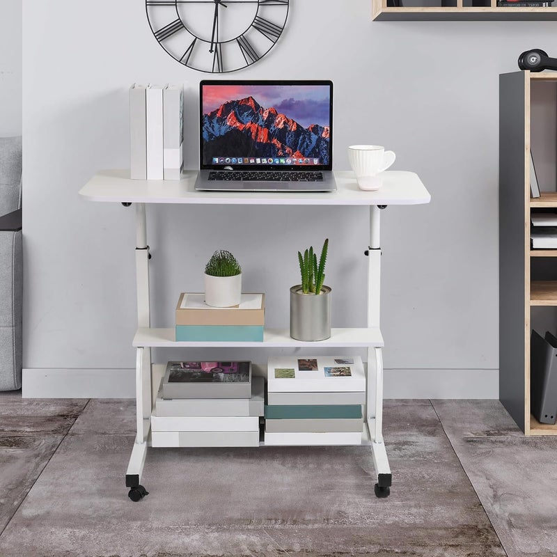 Dekhaoxe Adjustable Height Mobile Computer Desk for Small Space Rolling Writing with Wheels Corner Home Office Study Portable Bedrooms Work Desk Standing Table Sizes 31.5X15.7 Inches White - Image 2