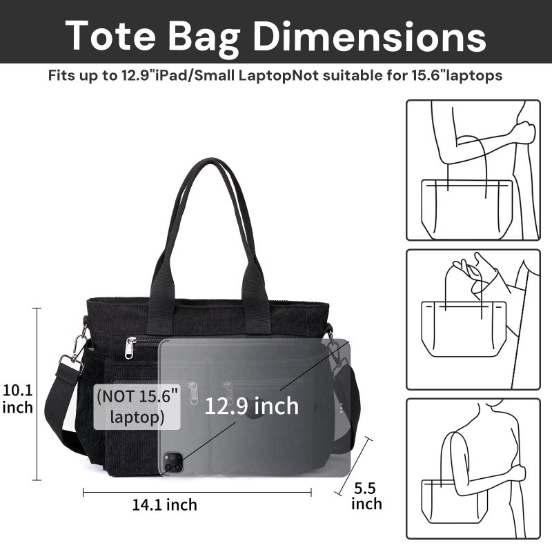 YDF Tote Bag for Women, Corduroy Crossbody Purse, Travel Shoulder Bag, Work Handbag, Everyday Hobo Tote Bag for School (Black) - Image 3
