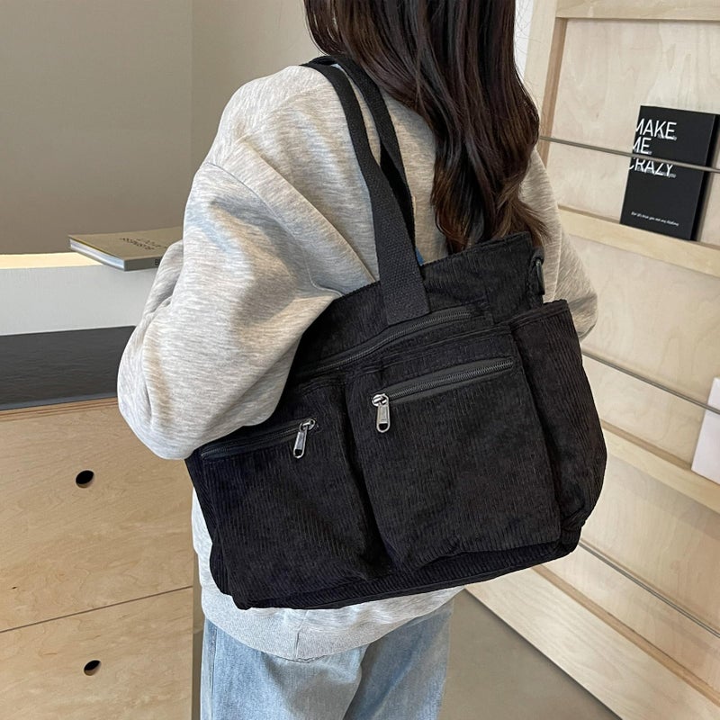 YDF Tote Bag for Women, Corduroy Crossbody Purse, Travel Shoulder Bag, Work Handbag, Everyday Hobo Tote Bag for School (Black) - Image 2