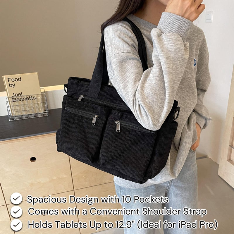 YDF Tote Bag for Women, Corduroy Crossbody Purse, Travel Shoulder Bag, Work Handbag, Everyday Hobo Tote Bag for School (Black) - Image 5