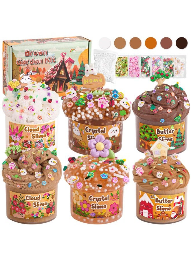 LAWOHO 6 Packs Gradient Brown Slime Kit - Cloud Slime, Butter Slime & Clear Slime, Crunchy Slime for Kids with Various Slime Add-ins, Non Stick Slime Party Favors for Girls & Boys, 360ml Kids Slime (Garden) - Image 1