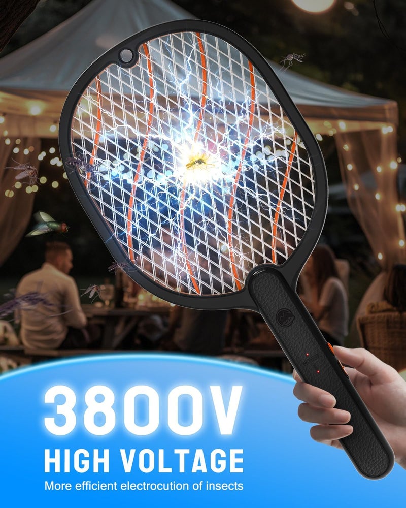 Mosiller Electric Fly Swatter, 3800V Handheld Bug Zapper Racket, Type-C Rechargeable, Mosquito Zapper for Indoor Outdoor, 3-Layer Safety Mesh, Easy to Use, Lightweight (Black-Basic 1 Pack) - Image 2