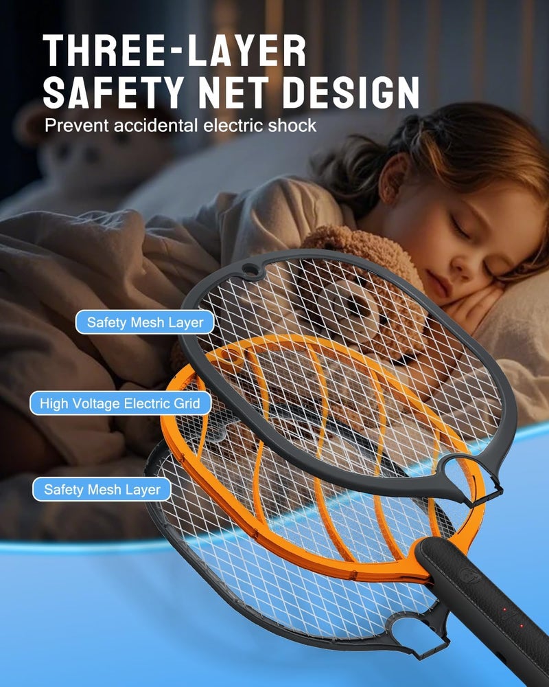 Mosiller Electric Fly Swatter, 3800V Handheld Bug Zapper Racket, Type-C Rechargeable, Mosquito Zapper for Indoor Outdoor, 3-Layer Safety Mesh, Easy to Use, Lightweight (Black-Basic 1 Pack) - Image 5