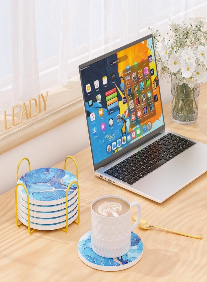 Leadiy 6Pcs/Set Marble Abstract Ceramic Coasters with Holder, Absorbent Drink Coasters, Coffee Cup Coaster,Round Ceramic Table Coasters Set Decorative - Image 2