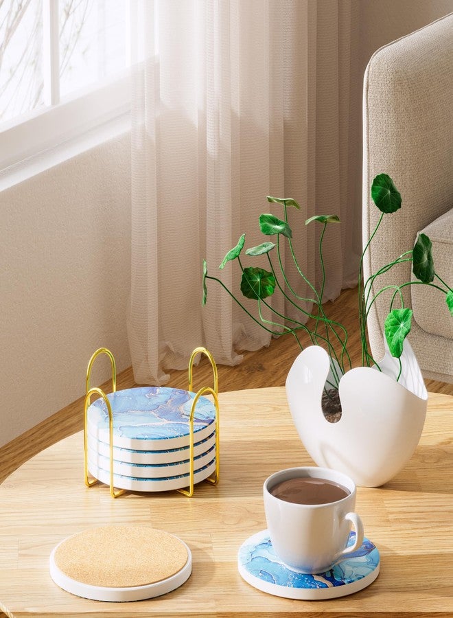 Leadiy 6Pcs/Set Marble Abstract Ceramic Coasters with Holder, Absorbent Drink Coasters, Coffee Cup Coaster,Round Ceramic Table Coasters Set Decorative - Image 5