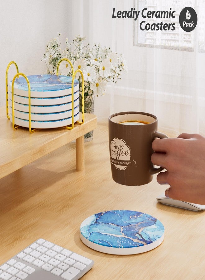 Leadiy 6Pcs/Set Marble Abstract Ceramic Coasters with Holder, Absorbent Drink Coasters, Coffee Cup Coaster,Round Ceramic Table Coasters Set Decorative - Image 3