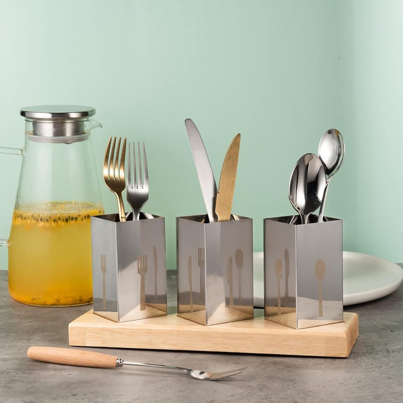 Utensil Holder Set with Bamboo Base 3-Piece Stainless Steel– Flatware Caddy for Forks, Knives & Spoons – Kitchen Countertop Organizer for Tableware, Gadgets & Dining Essentials - Image 3
