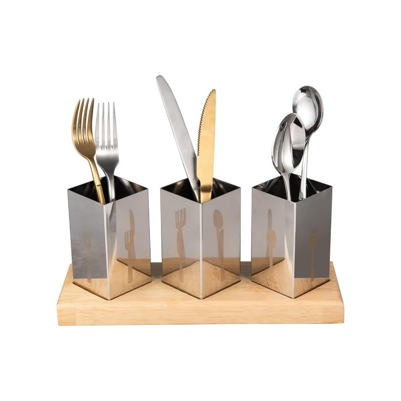 Utensil Holder Set with Bamboo Base 3-Piece Stainless Steel– Flatware Caddy for Forks, Knives & Spoons – Kitchen Countertop Organizer for Tableware, Gadgets & Dining Essentials - Image 1