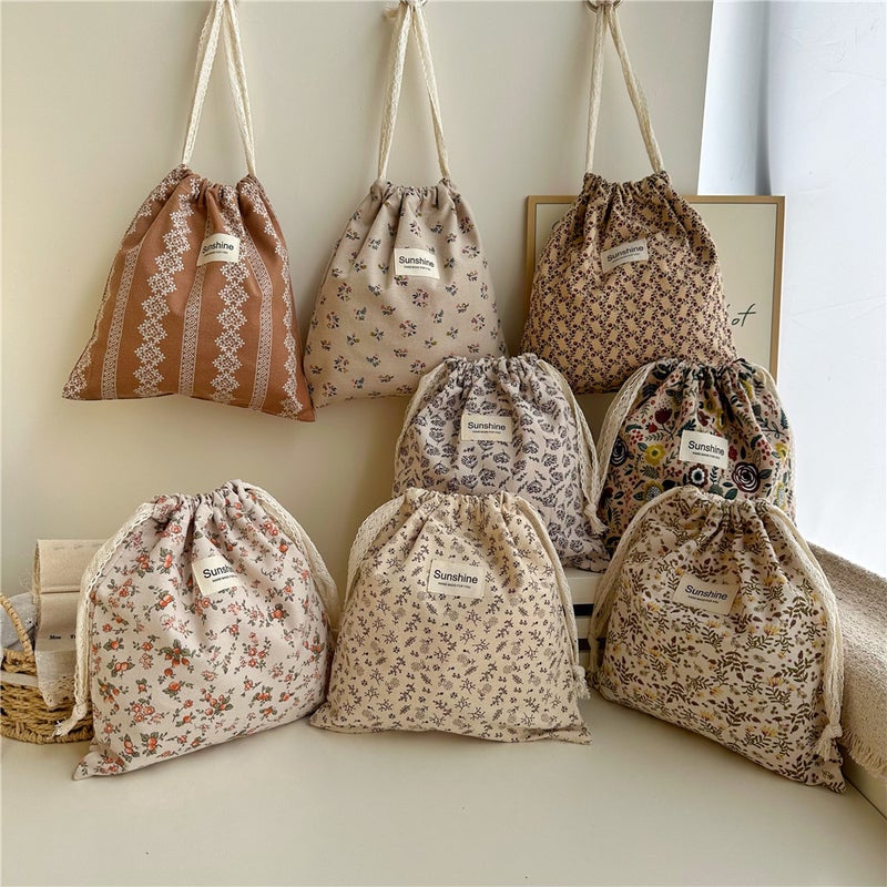 Ins Style Brushed Cotton Earth-Tone Floral Drawstring Flap Pocket Pants Home Classification Storage Bag Drawstring Bag - Image 2