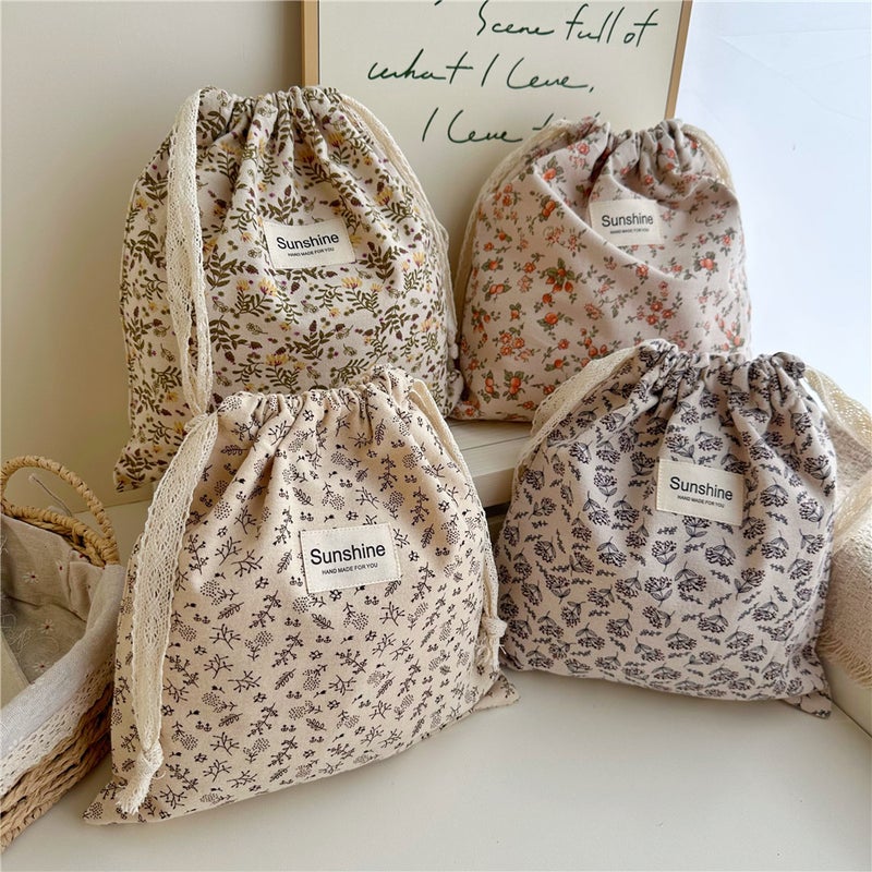 Ins Style Brushed Cotton Earth-Tone Floral Drawstring Flap Pocket Pants Home Classification Storage Bag Drawstring Bag - Image 4