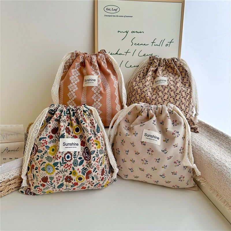Ins Style Brushed Cotton Earth-Tone Floral Drawstring Flap Pocket Pants Home Classification Storage Bag Drawstring Bag - Image 3