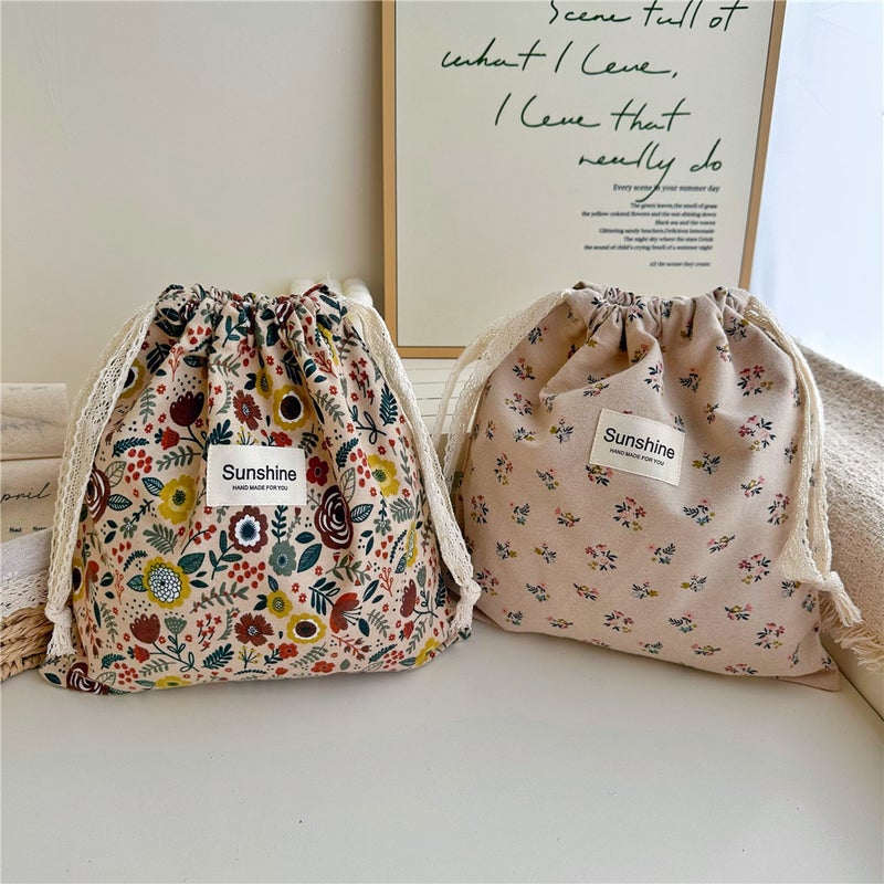 Ins Style Brushed Cotton Earth-Tone Floral Drawstring Flap Pocket Pants Home Classification Storage Bag Drawstring Bag - Image 5