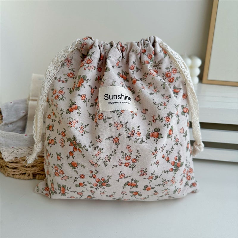 Ins Style Brushed Cotton Earth-Tone Floral Drawstring Flap Pocket Pants Home Classification Storage Bag Drawstring Bag - Image 1
