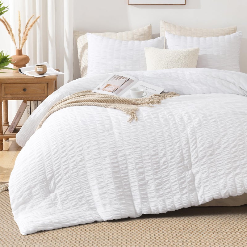 AveLom Seersucker King Comforter Set (104x90 inches), 3 Pieces - 100% Soft Washed Microfiber Lightweight Comforter with 2 Pillowcases, All Season Down Alternative Comforter Set for Bedding, White - Image 5