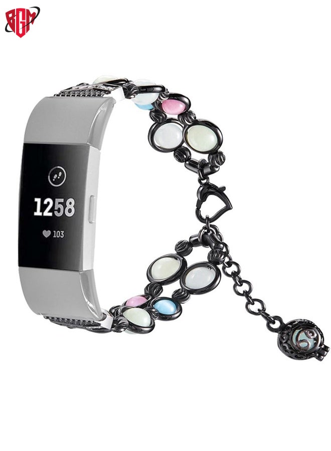 BGM Watch Band Strap For Fitbit Charge 5 Agate Luminous Bead Steel Watch Band(Black)  - Image 1
