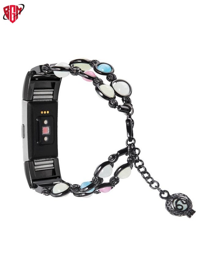 BGM Watch Band Strap For Fitbit Charge 5 Agate Luminous Bead Steel Watch Band(Black)  - Image 4