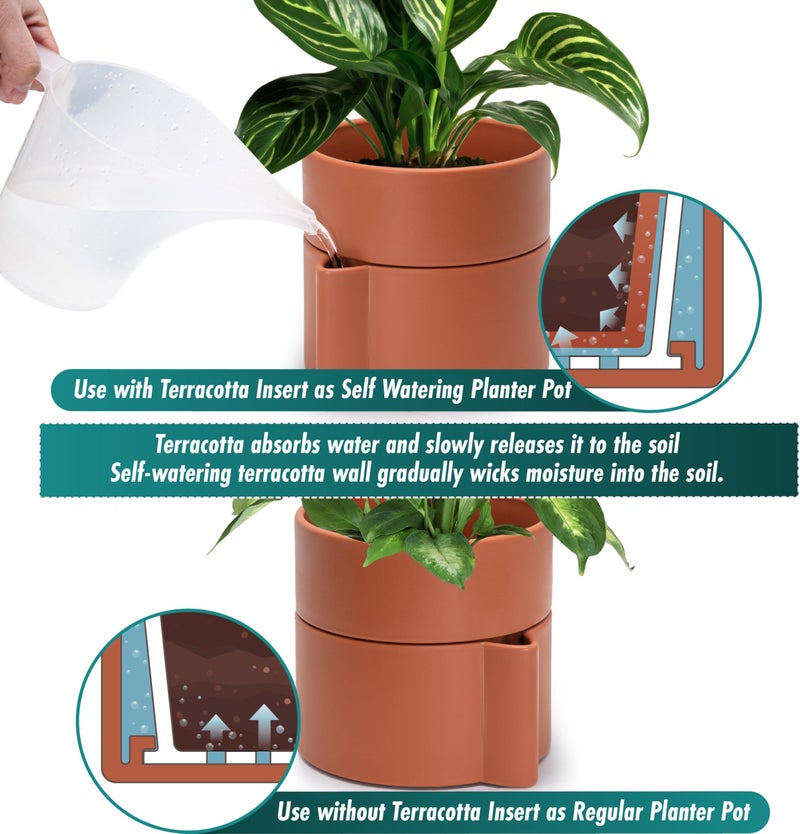 Phoenix Vine 8 Inch Self-Watering Planter Pot with Terracotta Insert, Deep Water Reservoir, and Ceramic-Alike BPA-Free Plastic Planter Pot for Plant, Modern Planter for Houseplants, Terracotta, 53-A-T-3 - Image 3