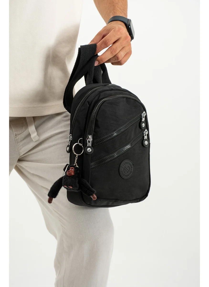 سانموريس Unisex Crumple Fabric Water Resistant Adjustable Strap Multi-Compartment Black Color Shoulder Bag Body Bag