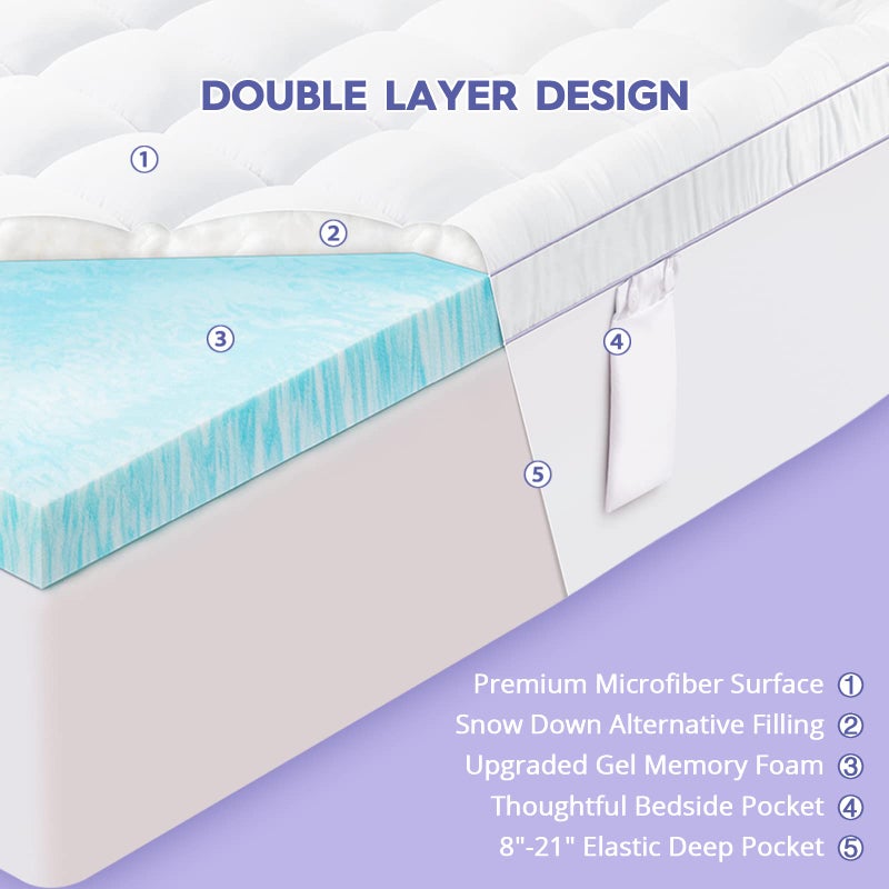ABENE Queen Size Dual Layer 3 Inch Memory Foam Mattress Topper, 2 Inch Gel Memory Foam Plus 1 Inch Down Alternative Pillowtop Mattress Pad Cover, Thick Soft Bed Topper Support for Back Pain - Image 2