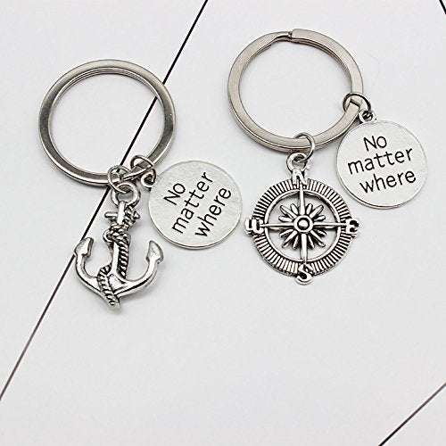 Meiligo 2 Pcs Couples Best Friends Couples No matter where Dog Tag Necklace Key Chain Anchor Compass Key Chain Jewelry (Key Chain(2pcs)) - Image 2