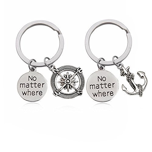 Meiligo 2 Pcs Couples Best Friends Couples No matter where Dog Tag Necklace Key Chain Anchor Compass Key Chain Jewelry (Key Chain(2pcs)) - Image 5
