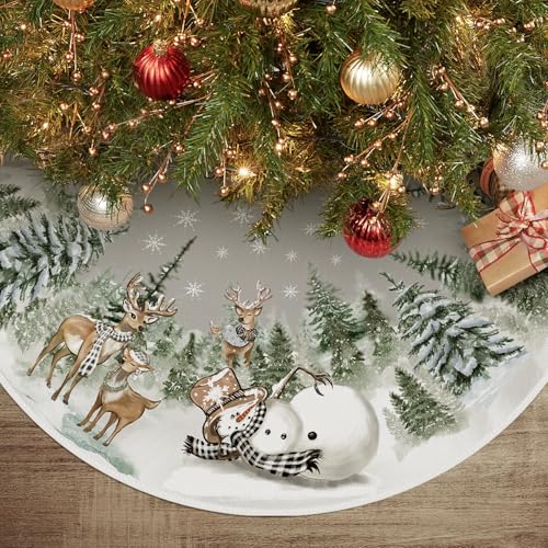 AVOIN colorlife AVOIN colorlife Snowman Reindeer Snowflake Christmas Tree Skirt 36 Inch Winter Holiday Tree Mat Decoration