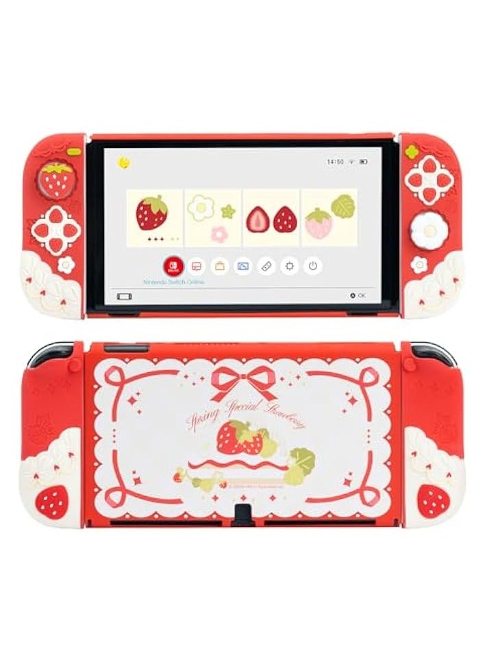 بروماس حافظة واقية لجهاز Switch OLED رفيع الغطاء متوافق مع نينتندو سويتش OLED غلاف حماية من السيليكون الناعم القابل للفصل لجهاز Joy Con مع غطاءين لمقبض الإبهام - فراولة الربيع الخاصة - Image 1