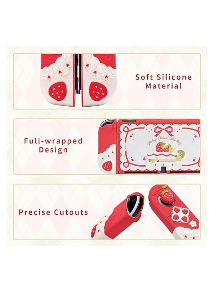بروماس حافظة واقية لجهاز Switch OLED رفيع الغطاء متوافق مع نينتندو سويتش OLED غلاف حماية من السيليكون الناعم القابل للفصل لجهاز Joy Con مع غطاءين لمقبض الإبهام - فراولة الربيع الخاصة - Image 2