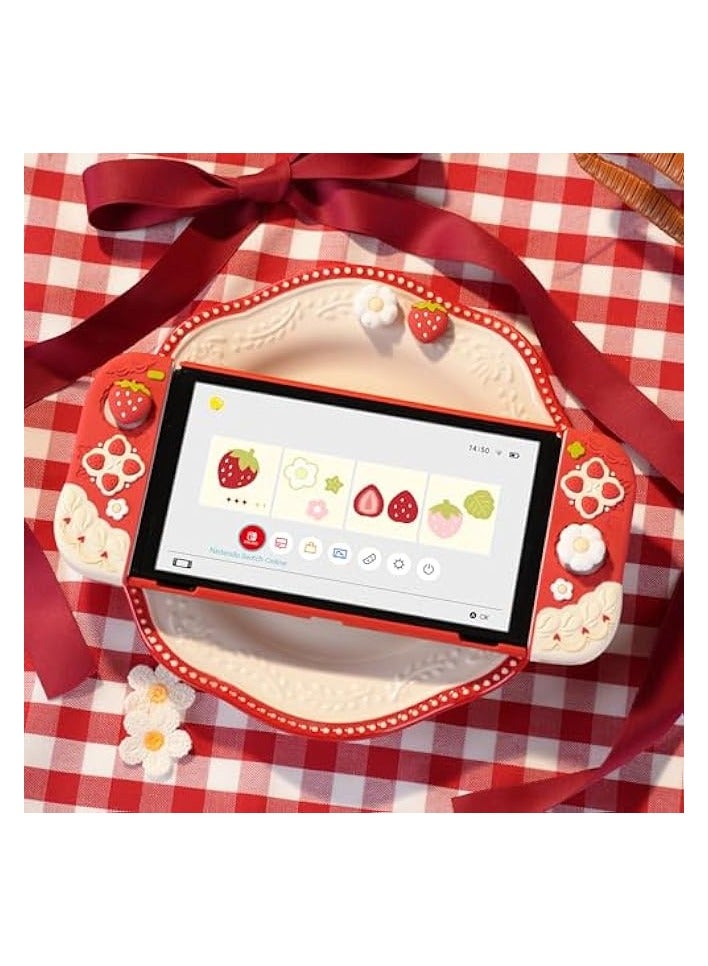 بروماس حافظة واقية لجهاز Switch OLED رفيع الغطاء متوافق مع نينتندو سويتش OLED غلاف حماية من السيليكون الناعم القابل للفصل لجهاز Joy Con مع غطاءين لمقبض الإبهام - فراولة الربيع الخاصة - Image 3