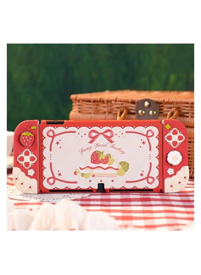 بروماس حافظة واقية لجهاز Switch OLED رفيع الغطاء متوافق مع نينتندو سويتش OLED غلاف حماية من السيليكون الناعم القابل للفصل لجهاز Joy Con مع غطاءين لمقبض الإبهام - فراولة الربيع الخاصة - Image 5