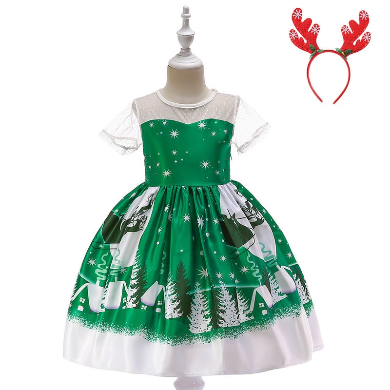 Girls Christmas Dress Christmas Dress Party Costume Childrens Cos Santa Claus Costume Princess Dress SD039E-Green (with headband)