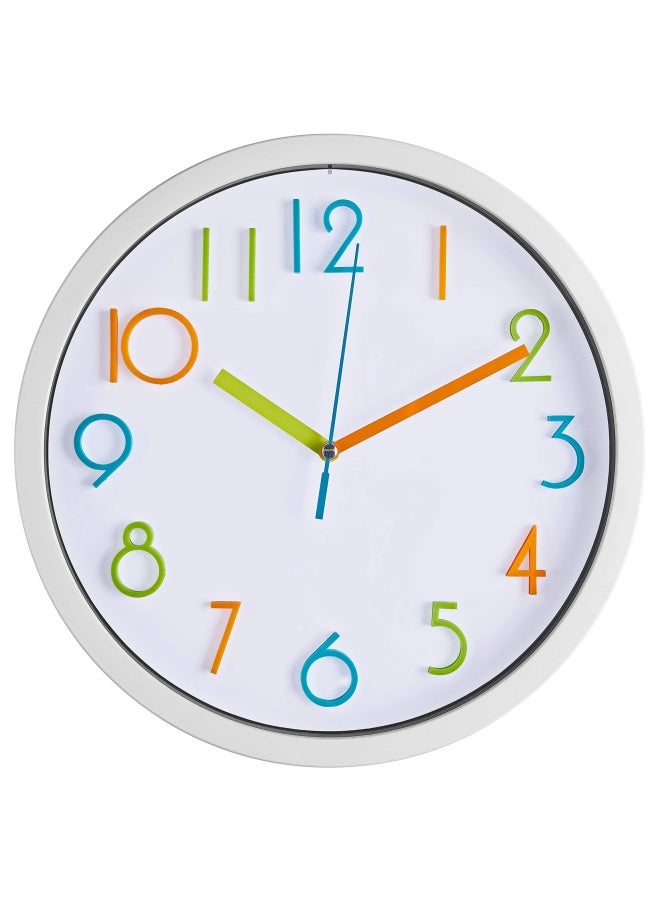 Bernhard Products  Colorful Kids Wall Clock 10 Inch Silent Non Ticking Quality Quartz Battery Operated Wall Clocks Easy To Read 3D Multi Colored Numbers White Frame Colorful  - Image 1