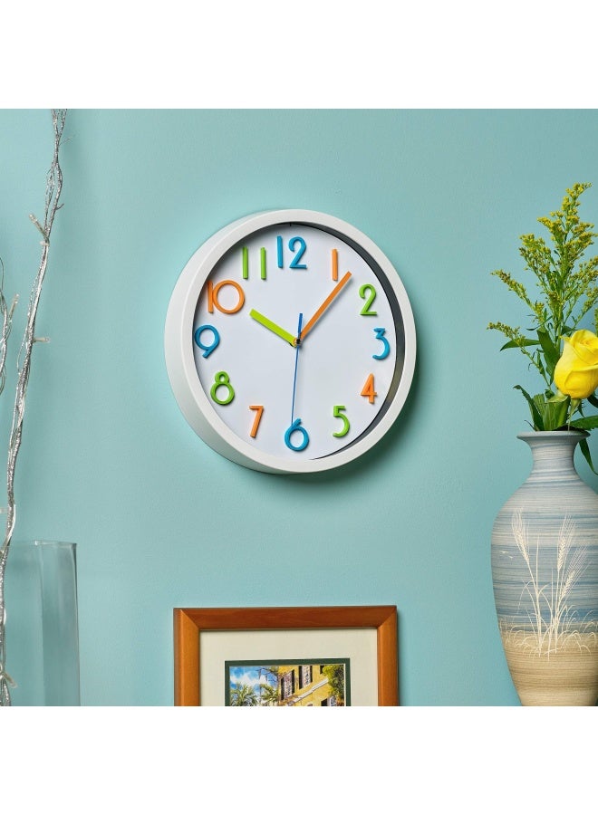 Bernhard Products  Colorful Kids Wall Clock 10 Inch Silent Non Ticking Quality Quartz Battery Operated Wall Clocks Easy To Read 3D Multi Colored Numbers White Frame Colorful  - Image 4