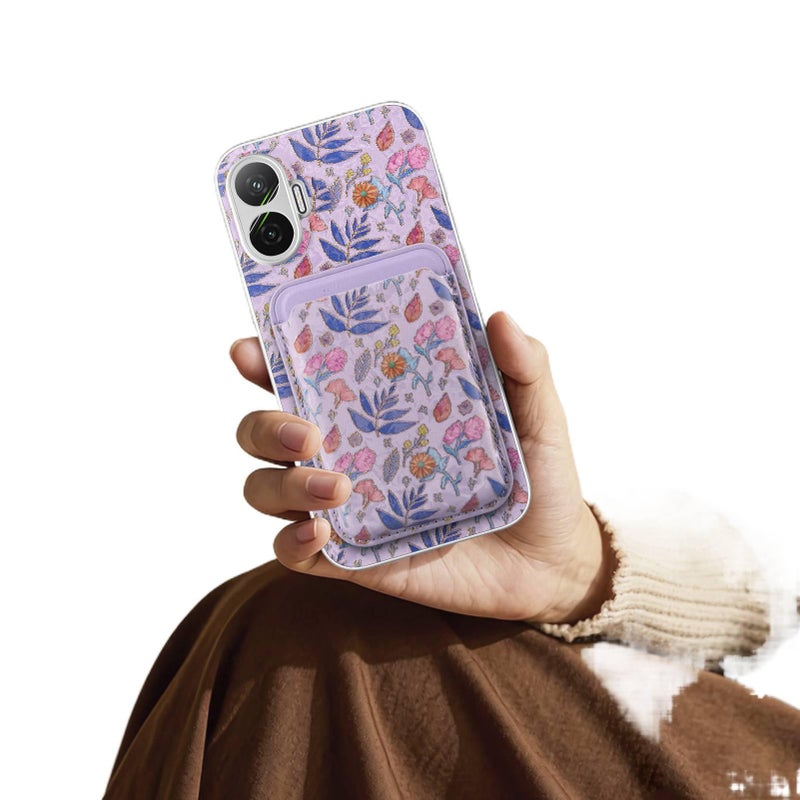 Leather Texture MagSafe Case for Redmi Turbo 4 with Card Holder and Drop Protection plus Shockproof plus Strong Magnetic plus Floral Pattern in Purple - Image 1