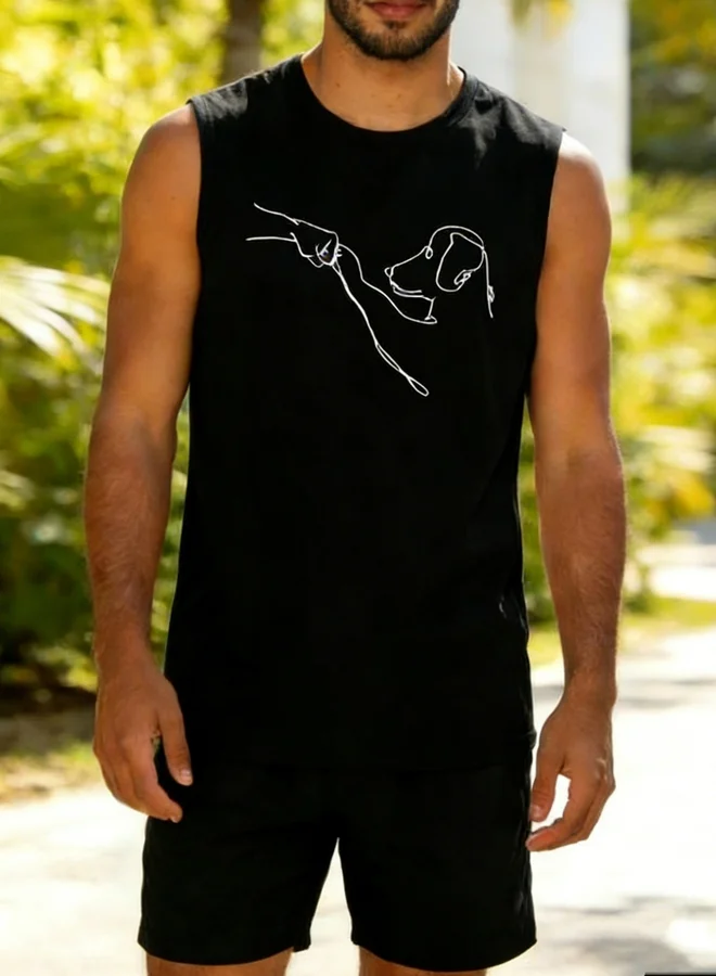 Take Two Men Black Graphic Print Round Neck Tank and Shorts Co-Ords