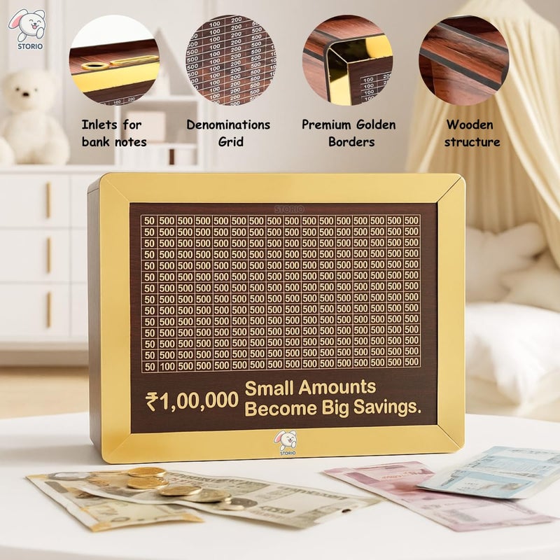 Storio حصالة خشبية مع عداد | بنك المال للأطفال والبالغين | صندوق توفير منحوت، صندوق عملات خشبي، حصالة صغيرة مع عداد رقمي | توفير النقود للاستخدام المنزلي والمكتبي - Image 2