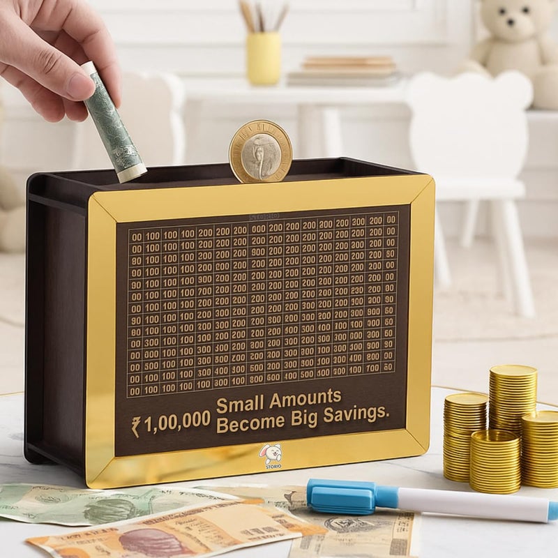 Storio حصالة خشبية مع عداد | بنك المال للأطفال والبالغين | صندوق توفير منحوت، صندوق عملات خشبي، حصالة صغيرة مع عداد رقمي | توفير النقود للاستخدام المنزلي والمكتبي - Image 1