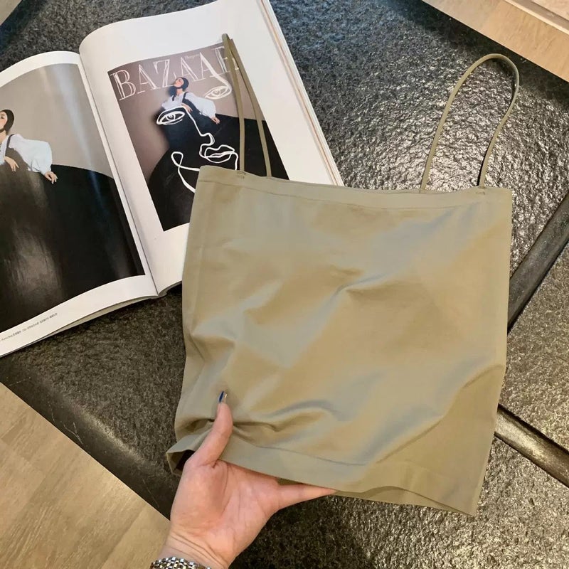 Ice Silk Seamless Oil Painting Girl Strapless Hot Girl Latex Tape Chest Pad Fixed Cup Wrap Chest Tube Top Vest Women Summer Army Green  - Image 1