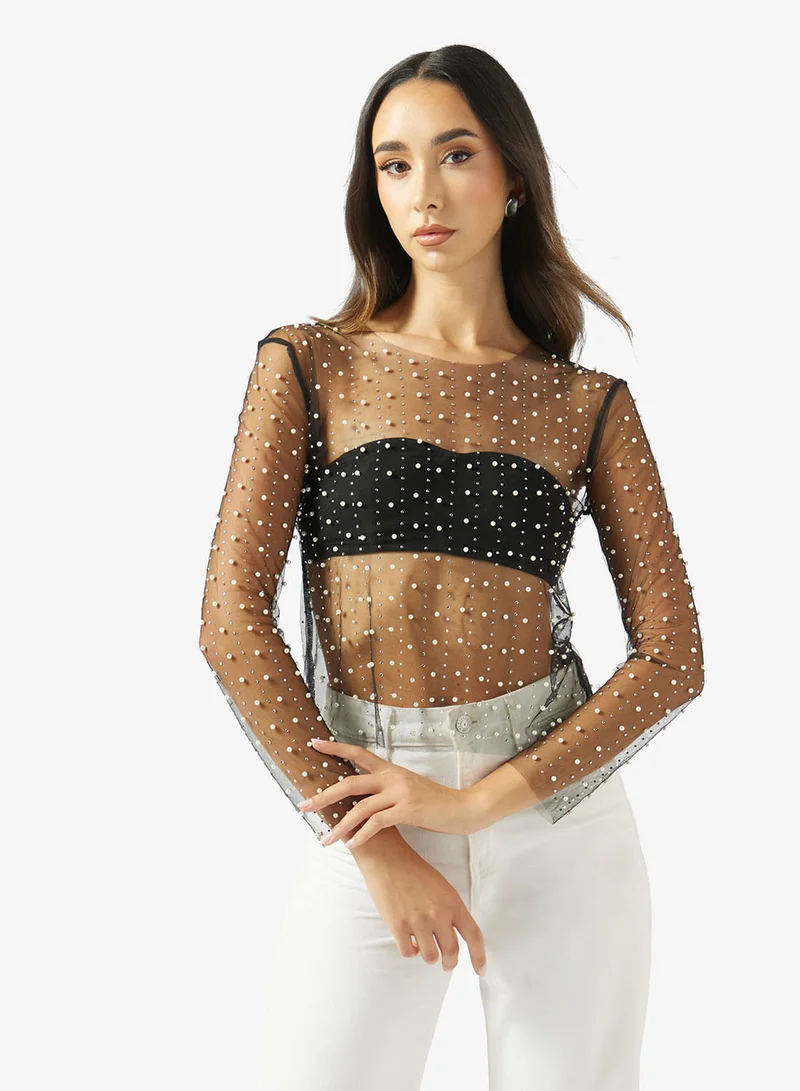 Ginger Rhinestone Embellished Long Sleeves Mesh Top