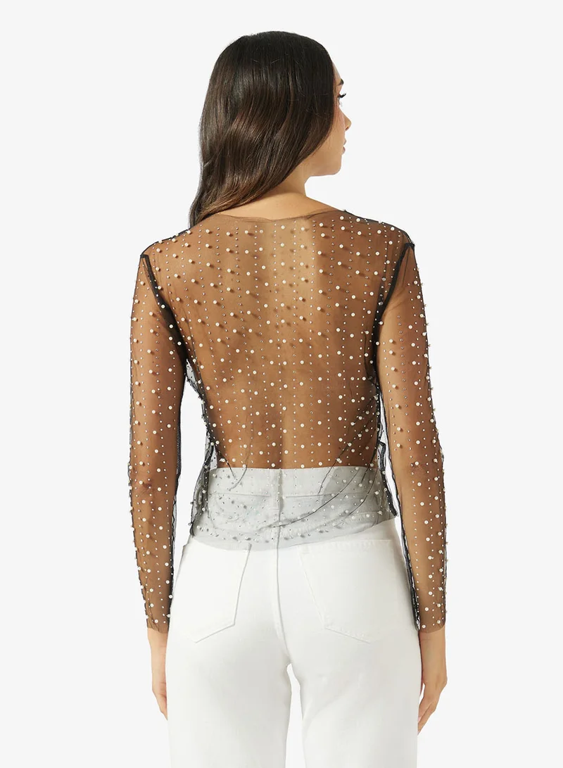 Ginger Rhinestone Embellished Long Sleeves Mesh Top