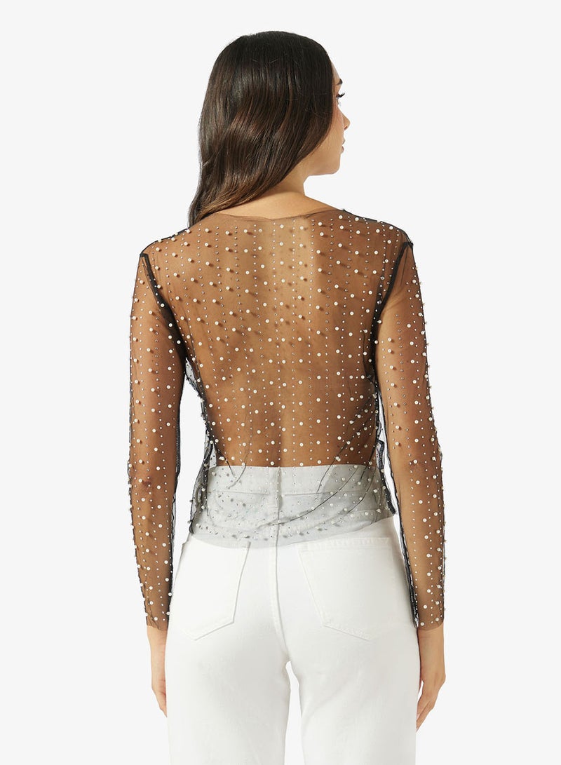 Ginger Rhinestone Embellished Long Sleeves Mesh Top - Image 2