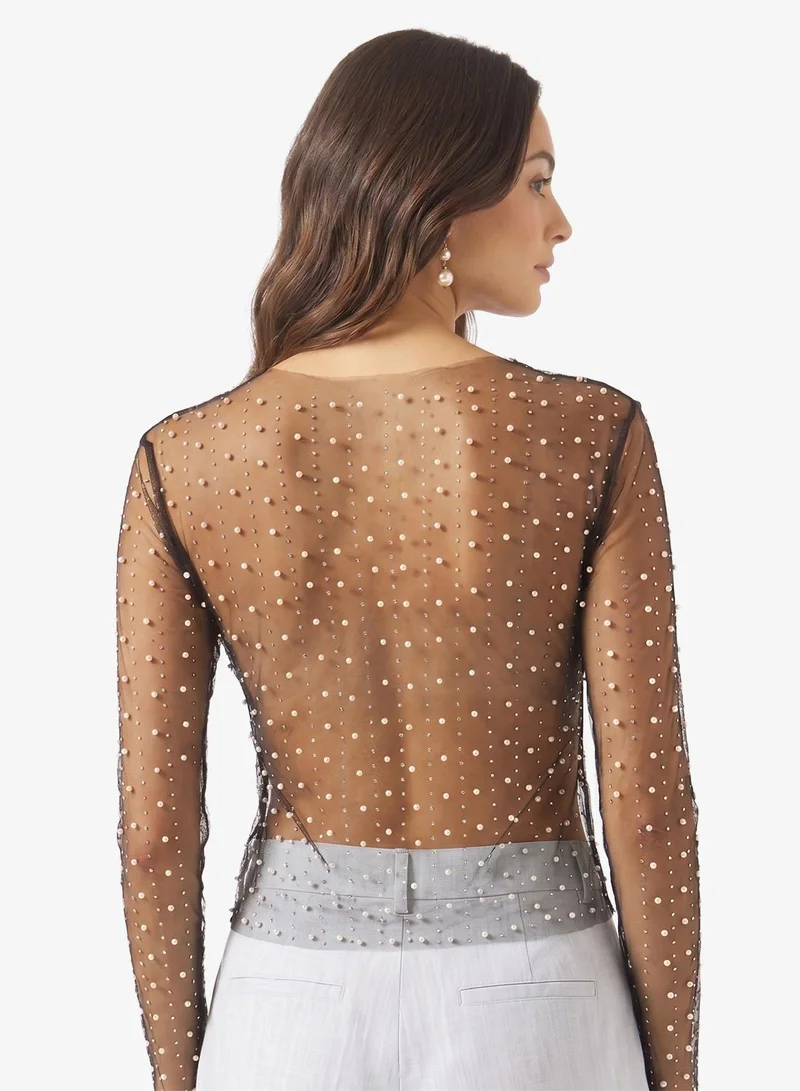 Ginger Rhinestone Embellished Long Sleeves Mesh Top