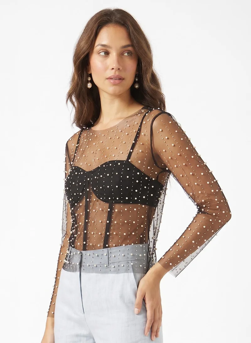 Ginger Rhinestone Embellished Long Sleeves Mesh Top