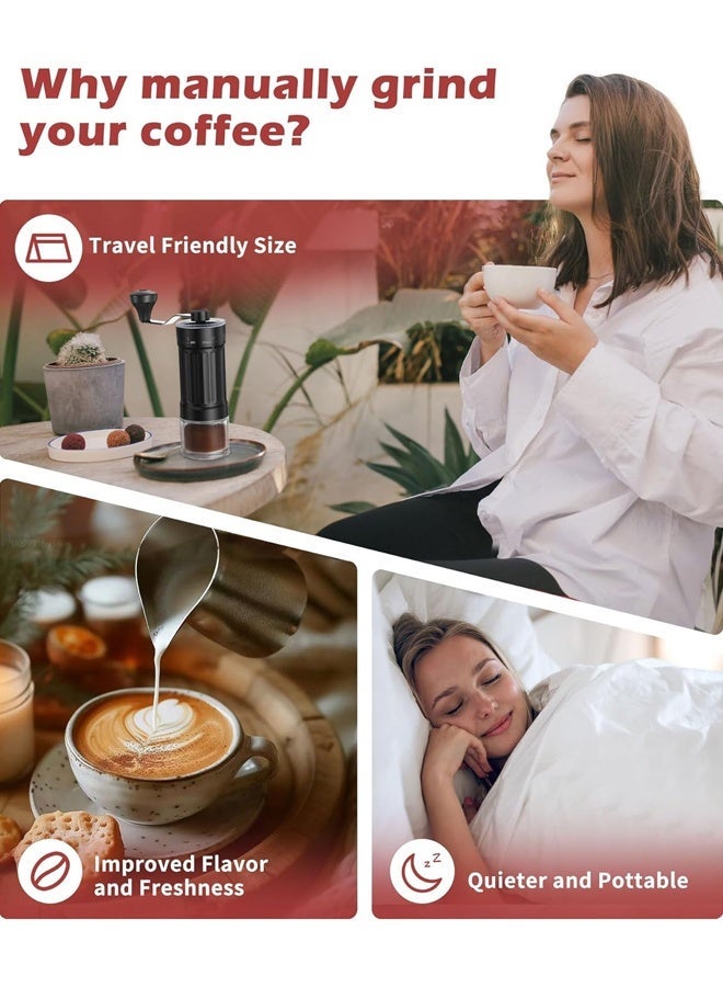 سعيد مطحنة قهوة يدوية مع نتوءات سيراميك، مطحنة إسبريسو يدوية بمقبض يدوي للتقطير الخشن والصب الناعم، صغيرة محمولة للسفر والتخييم، هادئة وقابلة للتعديل مع إعدادات طحن - Image 3