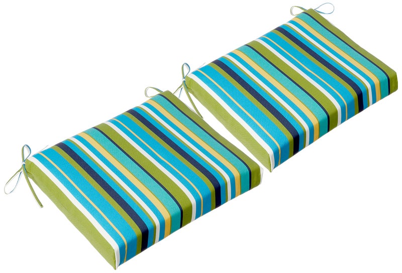 Pillow Perfect Stripe IndoorOutdoor Square Corner Chair Seat Cushion with Ties Plush Fiber Fill Weather and Fade Resistant 16 x 185 BlueGreen Topanga 2 Count