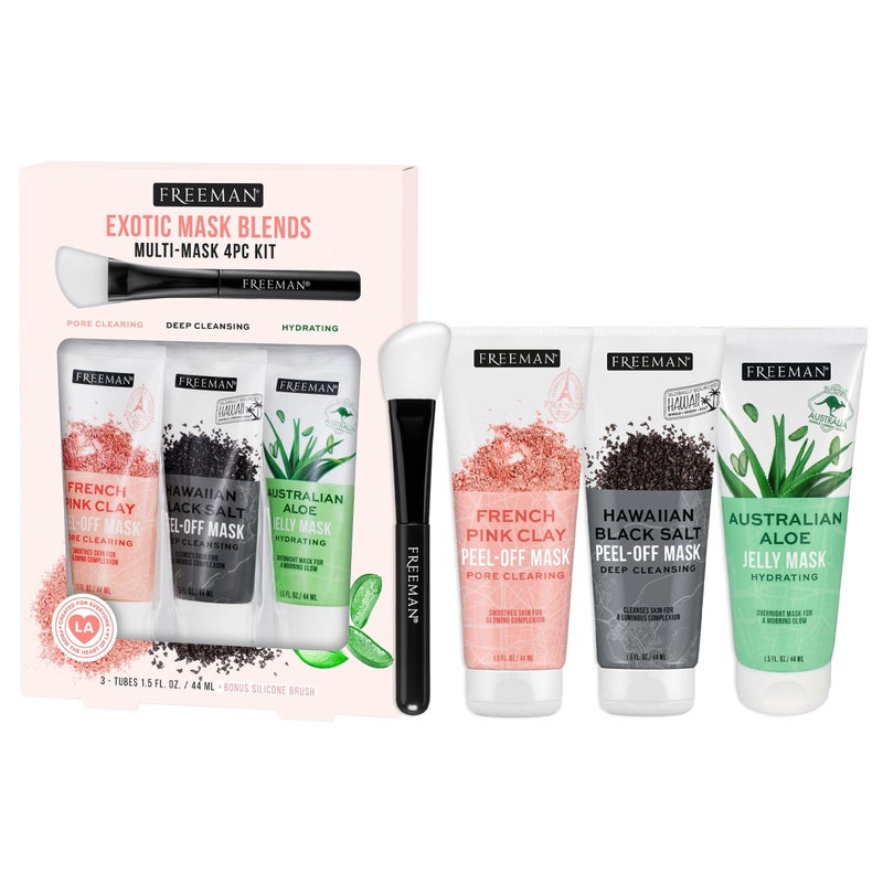 Freeman Exotic Blends Facial Mask 4 Piece Set, Peel-Off & Jelly Masks, Cleansing, Pore-Clearing & Hydrating Facial Masks, For All Skin Types, Includes Silicone Mask Brush, Vegan & Cruelty-Free - Image 1