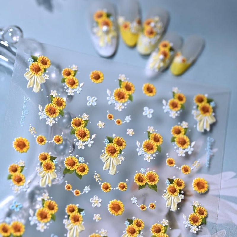 Sevgob Flower Nail Stickers 5D Embossed Sunflower Floral Nail Decals Glossy Yellow Nail Designs White Daisy Nails Supplies Self Adhesive Spring Summer Nails Art Stickers for Women Girls DIY Manicure 1 Sheet - Image 5