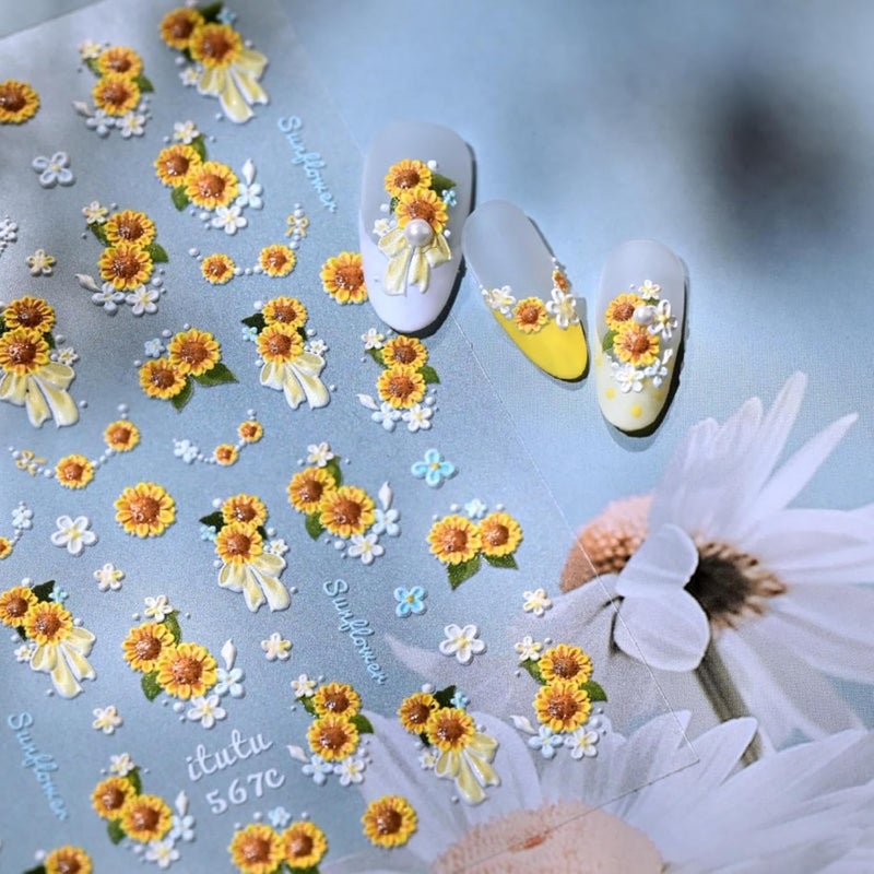 Sevgob Flower Nail Stickers 5D Embossed Sunflower Floral Nail Decals Glossy Yellow Nail Designs White Daisy Nails Supplies Self Adhesive Spring Summer Nails Art Stickers for Women Girls DIY Manicure 1 Sheet - Image 1