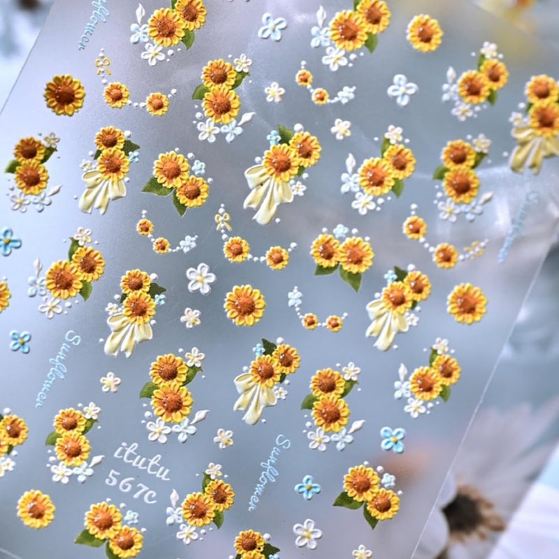 Sevgob Flower Nail Stickers 5D Embossed Sunflower Floral Nail Decals Glossy Yellow Nail Designs White Daisy Nails Supplies Self Adhesive Spring Summer Nails Art Stickers for Women Girls DIY Manicure 1 Sheet - Image 4
