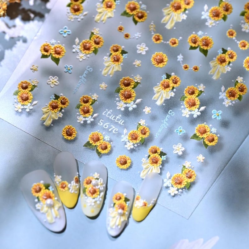 Sevgob Flower Nail Stickers 5D Embossed Sunflower Floral Nail Decals Glossy Yellow Nail Designs White Daisy Nails Supplies Self Adhesive Spring Summer Nails Art Stickers for Women Girls DIY Manicure 1 Sheet - Image 3